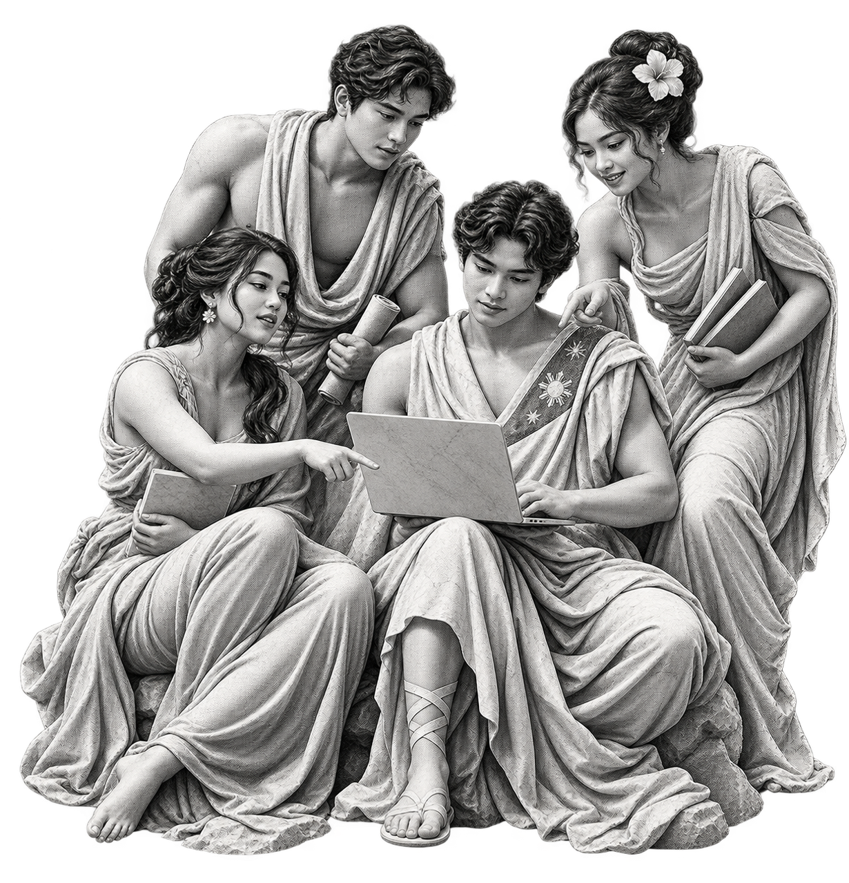 Greek-classical halftone artwork of four builders collaborating around a laptop