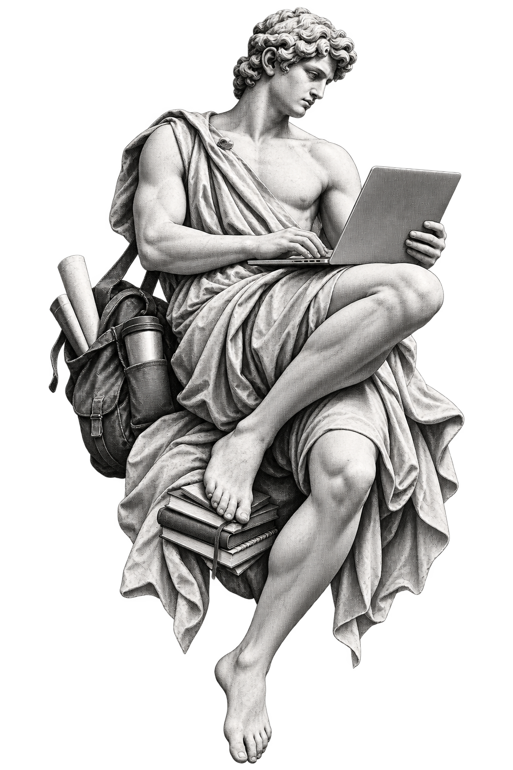Greek-classical halftone artwork of a sculptural builder working at a laptop