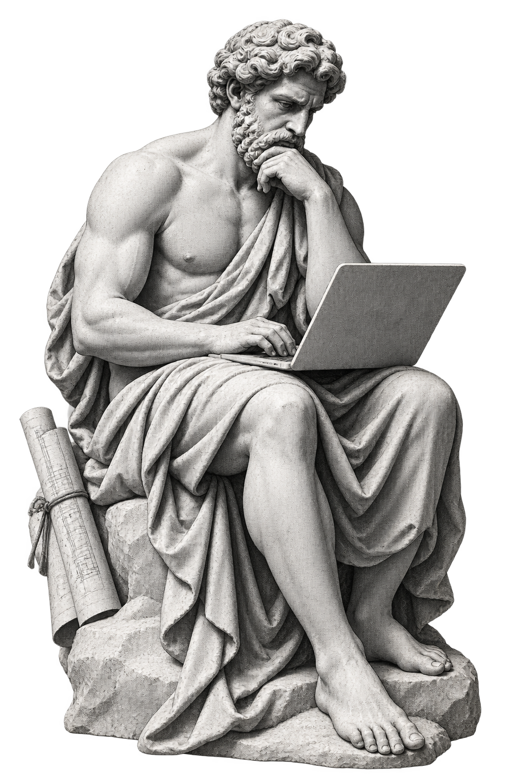 Greek-classical halftone artwork of a solitary sculptural builder owning a project